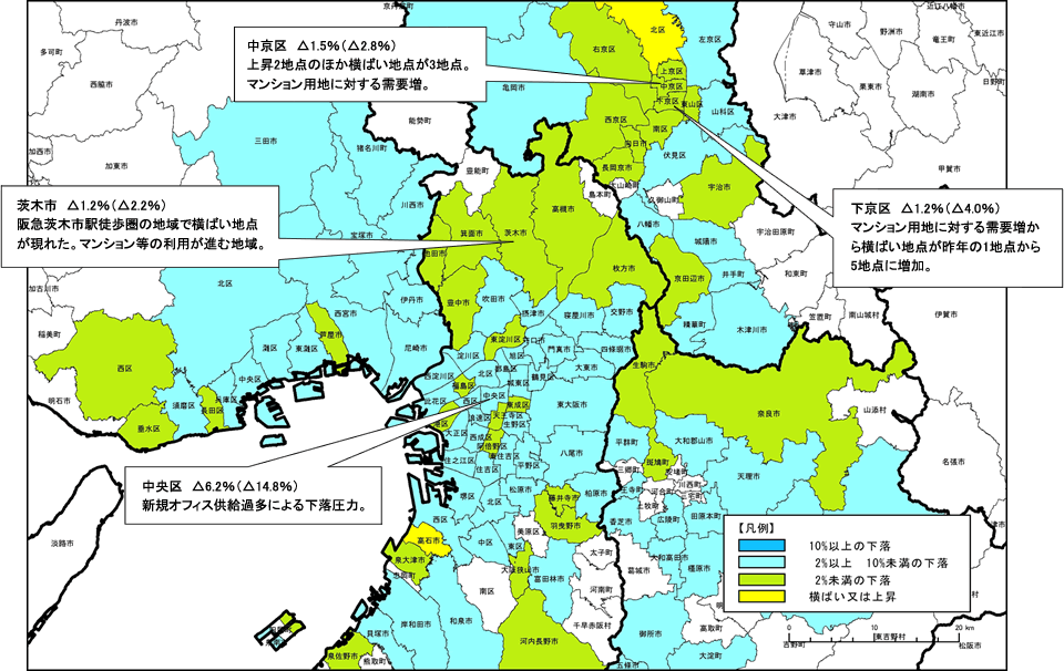 平成23年 大阪圏の市区町村別平均変動率の分布（商業地）