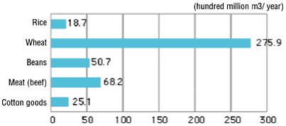 Quantity of water necessary for the production of main imports