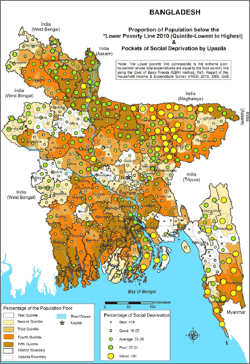 Proportion of population below the lower poverty line (2010) & Pockets of social deprivation by Upazila