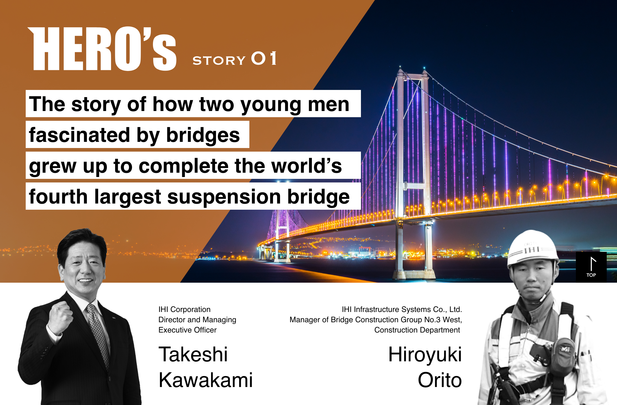 HERO's STORY 01 The story of how two young men fascinated by bridges grew up to complete the world’s fourth largest suspension bridge IHI Corporation Director and Managing Executive Officer Takeshi Kawakami IHI Infrastructure Systems Co., Ltd. Manager of Bridge Construction Group No.3 West, Construction Department Hiroyuki Orito