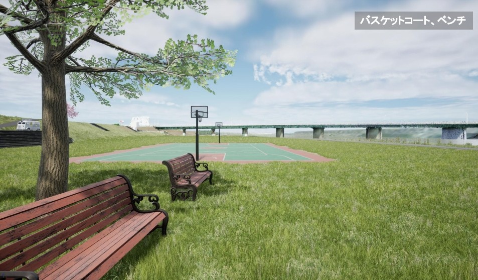 ゲームエンジンを用いて作成したVR画像（バスケットコート、ベンチ）