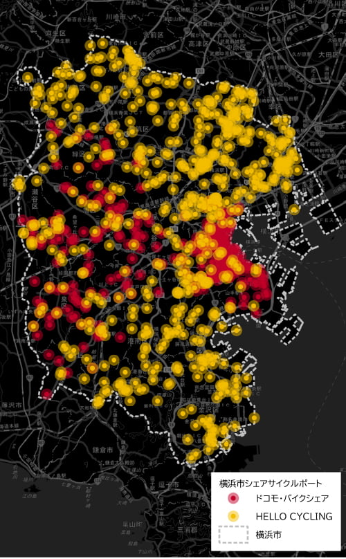 横浜市内のシェアサイクルポートの分布のイメージ図