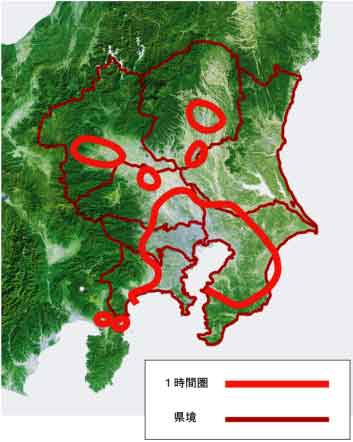 東京駅から鉄道による１時間圏地域図