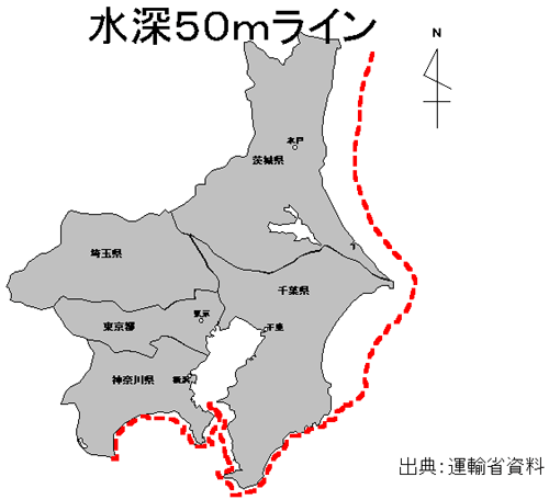 関東区域水深５０ｍラインの図
