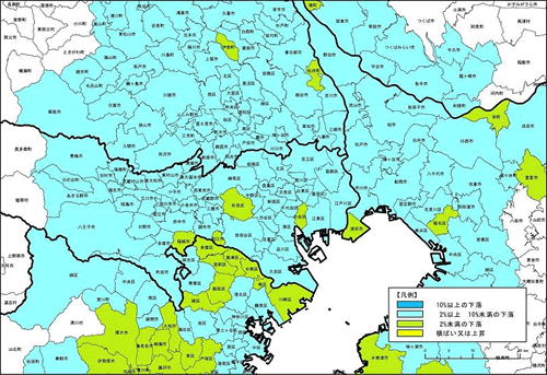平成22年 東京圏の市区町村別平均変動率の分布（住宅地）