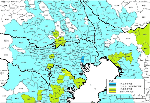 平成22年 東京圏の市区町村別平均変動率の分布（商業地）