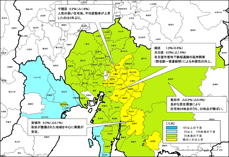 平成23年 名古屋圏の市区町村別平均変動率の分布（住宅地）