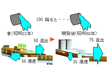 都市化の進展により短時間に大量の雨水が流出（東京都区部の例）