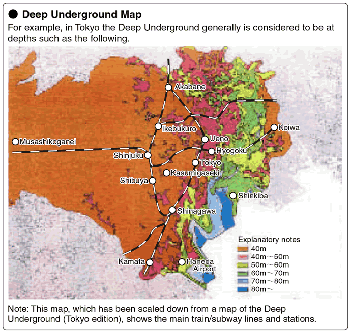 Deep Underground Map  For example, in Tokyo the Deep Underground generally is considered to be at depths such as the following.  Note: This map, which has been scaled down from a map of the Deep Underground (Tokyo edition), shows the main train/subway stations.