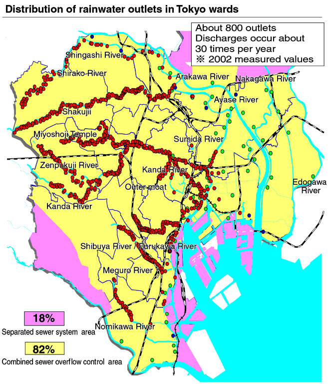 Distribution of rainwater outlets in Tokyo wards