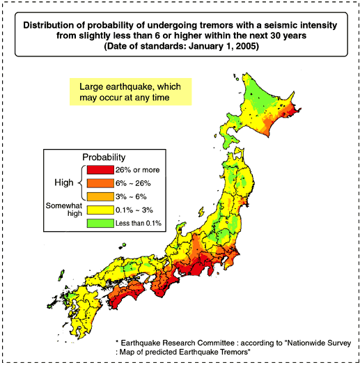 Distribution of probability of undergoing tremors with a seismic intensity from slightly less than 6 or higher within the next 30 years (Date of standards: January 1, 2005)