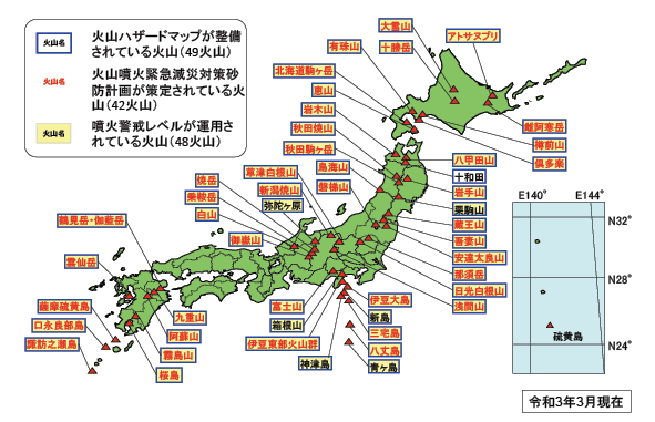 図表Ⅱ-7-2-10 「 火山防災のために監視・観測体制の充実が必要な火山」として火山噴火予知連絡会によって選定された50火山における火山ハザードマップの整備、火山噴火緊急減災対策砂防計画の策定、噴火警戒レベルの運用状況
