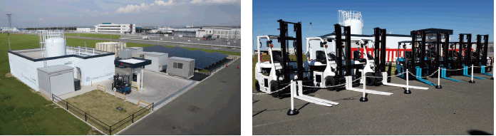 図表Ⅰ-2-2-10 中部国際空港内における産業車両用水素充填所とフォークリフト