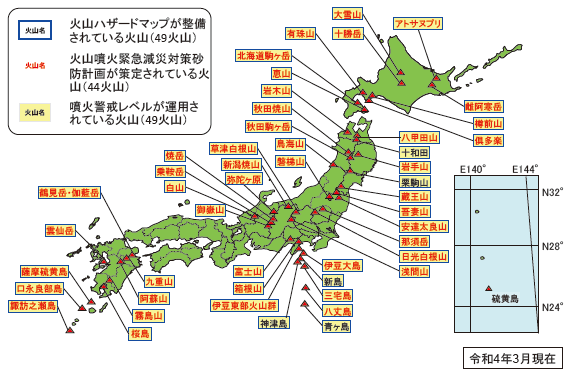 図表Ⅱ-7-2-8 「 火山防災のために監視・観測体制の充実が必要な火山」として火山噴火予知連絡会によって選定された50火山における火山ハザードマップの整備、火山噴火緊急減災対策砂防計画の策定、噴火警戒レベルの運用状況