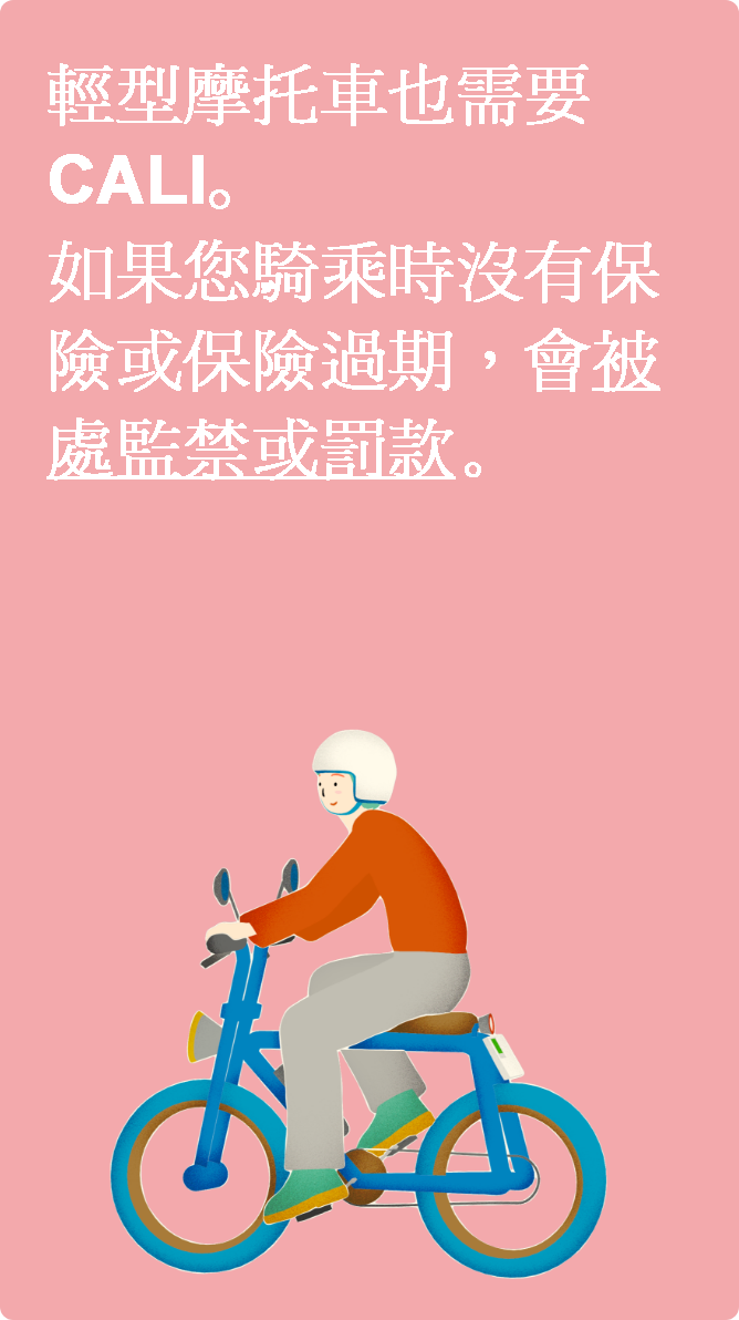 輕型機車也必須有責任保險。如果您在沒有保險或保險過期的情況下騎乘,您將被處以監禁或罰款。
