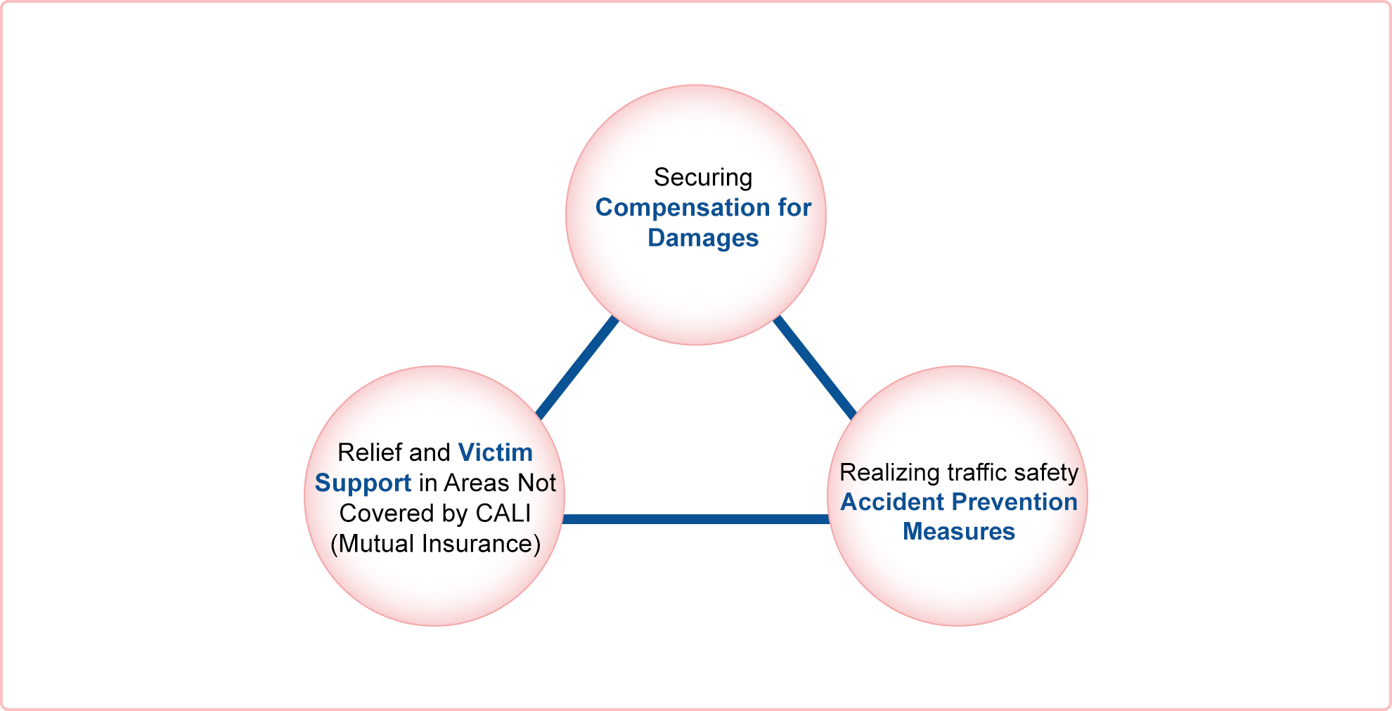 Relief in areas not covered by CALI (Mutual Insurance); victim support; realization of traffic safety and accident prevention measures; CALI (Mutual Insurance) to guarantee compensation for damages