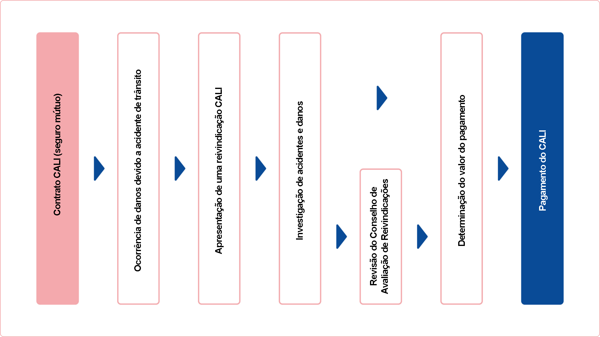 1. Contrato de CALI (Seguro Mútuo); 2. Ocorrência de dano devido a acidente de trânsito; 3. Reivindicação de pagamento de CALI (Seguro Mútuo); 4. Investigação de acidente e dano; 5. Comissão de Avaliação de Reivindicações; 6. Decisão sobre o valor do pagamento; 7. Pagamento de pagamentos de CALI (Seguro Mútuo)