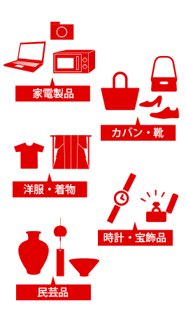 家電製品、カバン・靴、洋服・着物、時計、宝飾品、民芸品