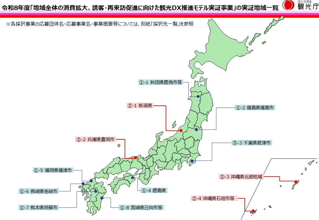 令和8年度「地域全体の消費拡大、誘客・再来訪促進に向けた観光DX推進モデル実証事業」の採択案件の一覧