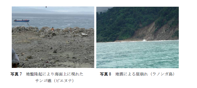 写真７地盤隆起により海面上に現れたサンゴ礁　写真８地震による崖崩れ