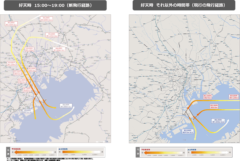 好天時 15:00～19:00（新飛行経路案)、好天時 それ以外の時間帯（現行の飛行経路）