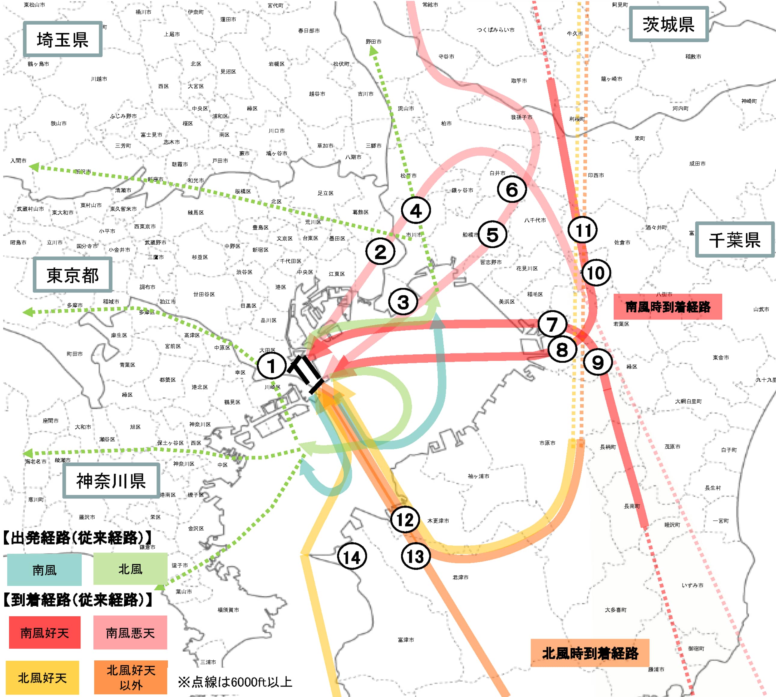 羽田空港　航空機騒音測定局位置図（従来経路）