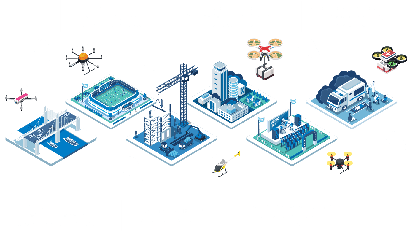 スタジアムでのスポーツ中継や、写真・映像撮影のための空撮 市街地や山間部、離島などへの医薬品や食料品などの配送 災害時の救助活動や救援物資輸送、被害状況の確認 橋梁、砂防ダム、工場設備などの保守点検 建設現場などの測量や森林資源調査 イベント施設や広域施設、離島などの警備、海難捜索