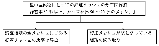 手順の図。里山型動物にとっての好適メッシュの分布図作成「緑被率60%以上、かつ森林比
50〜90%のメッシュ」→調査地域の全メッシュに占める好適メッシュの比率の算出、→好適メッシュがまとまっている場所の読み取り。