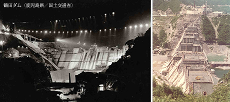 コンクリート打設中の鶴田ダム（左：1965年）と早明浦ダム（右：1975年）