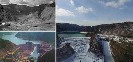 建設中（左上）・試験湛水中（左下：1961年）の牧尾ダム、現在の全景（2016年3月頃）