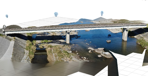 図3　ドローン撮影とフォトグラメトリ技術を活用した３次元の背景画像（山国川）