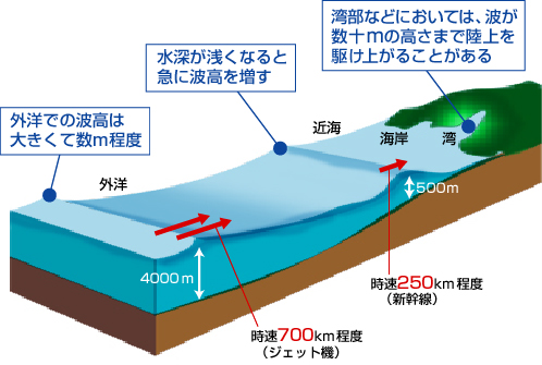 津波進行に伴う速度・波高の変化（参考：港湾空港技術研究所HP）