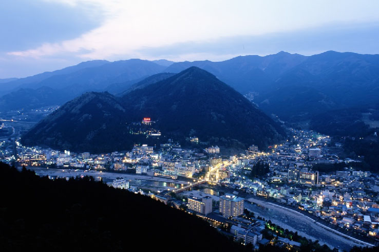 写真:大平山から下呂市内と飛騨川、公園を臨む