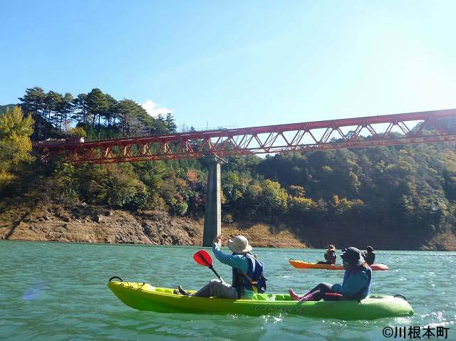 長島ダム接岨湖を通過するトロッコ列車とカヌー愛好者のふれあい