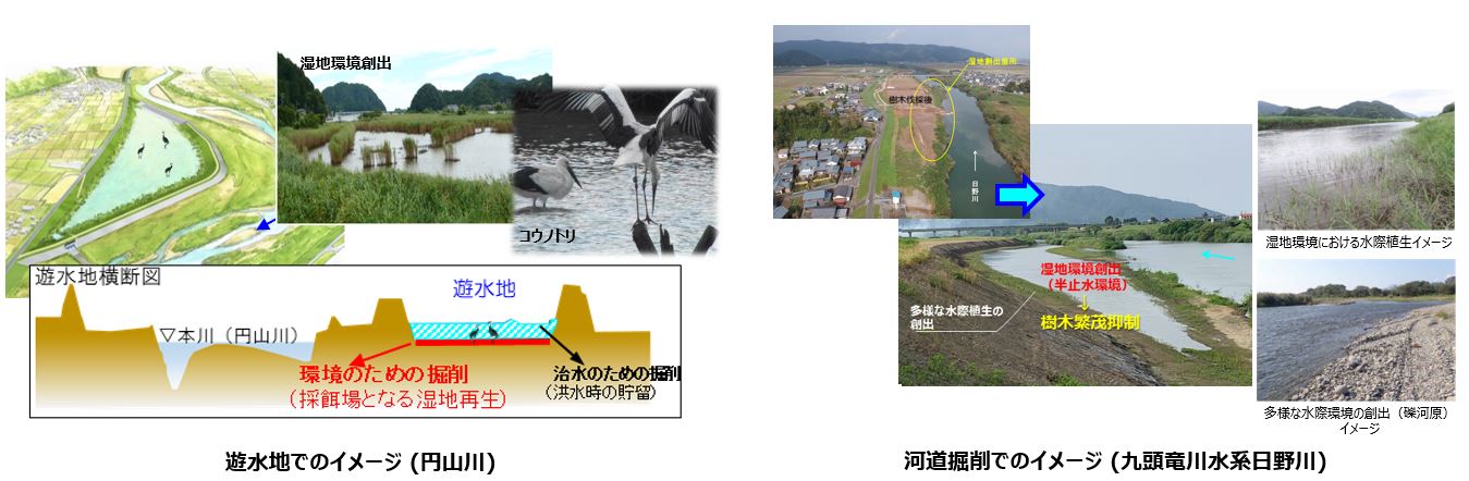 遊水池でのイメージ (円山川) 河道掘削でのイメージ (九頭竜川水系日野川)