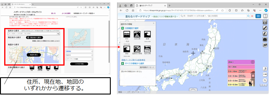 説明1：住所、現在地、地図のいずれかから遷移する。