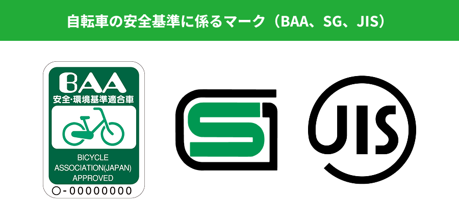 自転車の安全基準に係るマーク（BAA、SG、JIS）