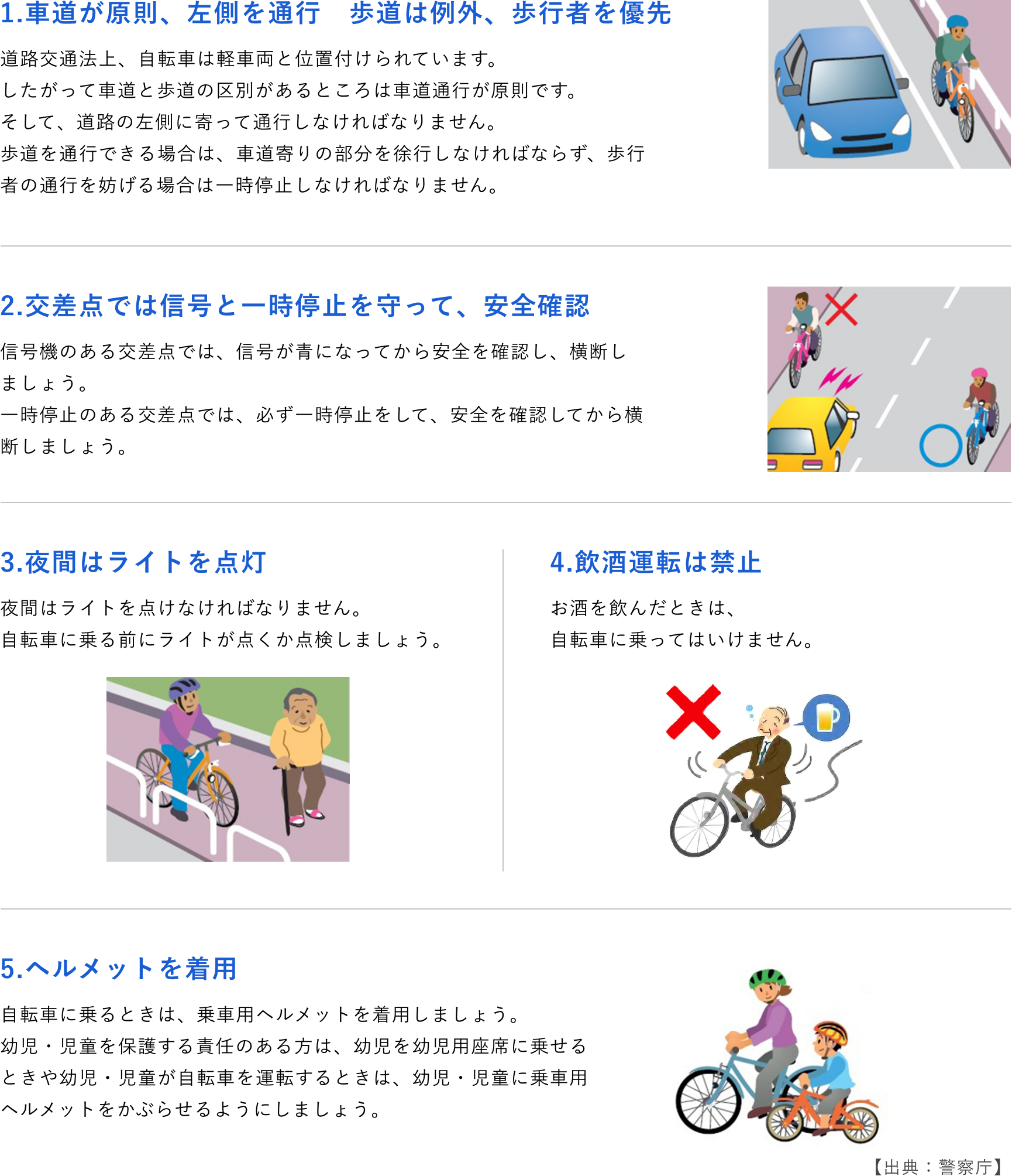 ①車道が原則、左側を通行　歩道は例外、歩行者を優先 ②交差点では信号と一時停止を守って、安全確認 ③夜間はライトを点灯 ④.飲酒運転は禁止 ⑤ヘルメットを着用