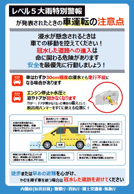 レベル５大雨特別警報が発表されたときの車運転の注意点