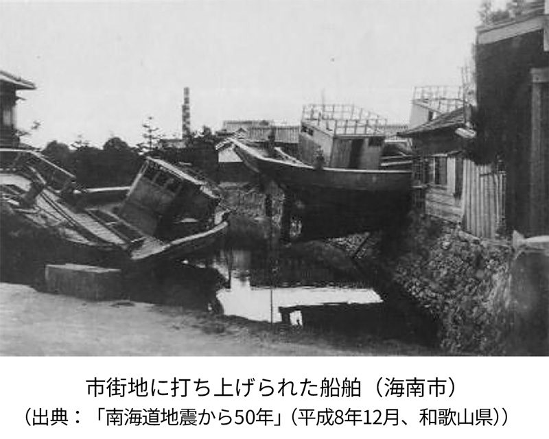 市街地に打ち上げられた船舶（海南市） （出典：「南海道地震から50年」（平成8年12月、和歌山県））