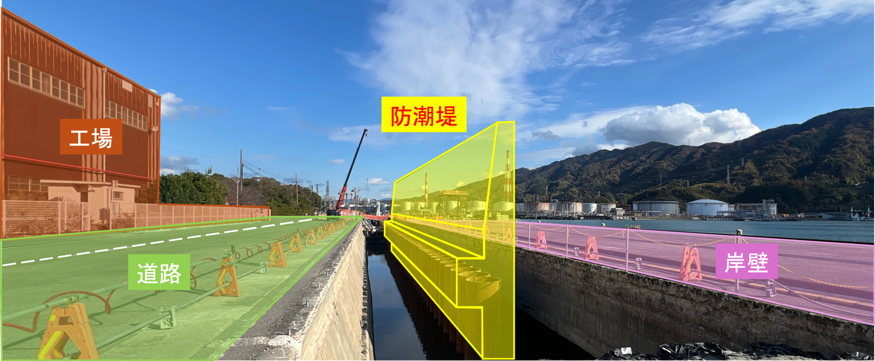 防潮堤と工場、岸壁の位置関係