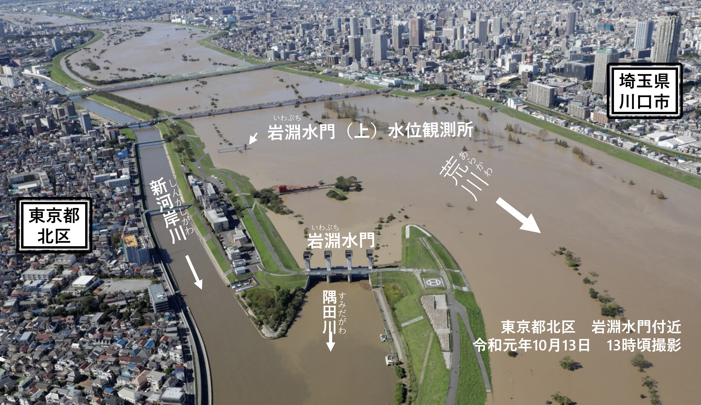 荒川(本川)から隅田川(支川)への洪水の流入を防止する岩淵水門(東京都)